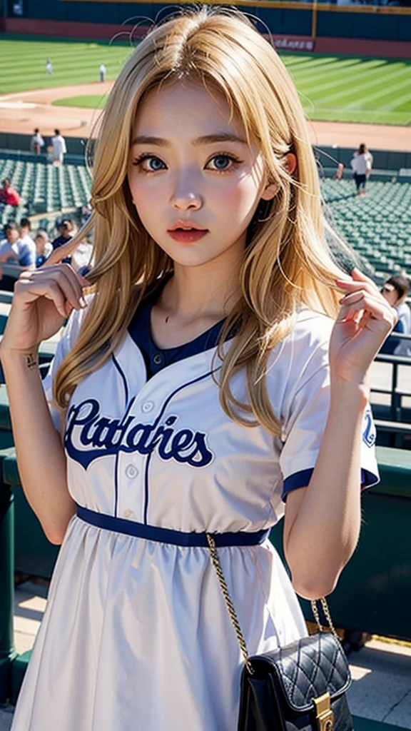 Highest quality、Highest quality、masterpiece、8K、Blonde、Watching baseball、Big eyes、Slender、Baseball Fan、Young Japanese woman、