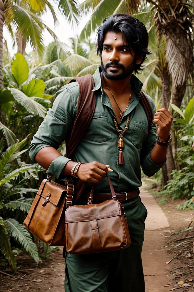He is a Indian person a treasure hunter age 31 with a treasure bag