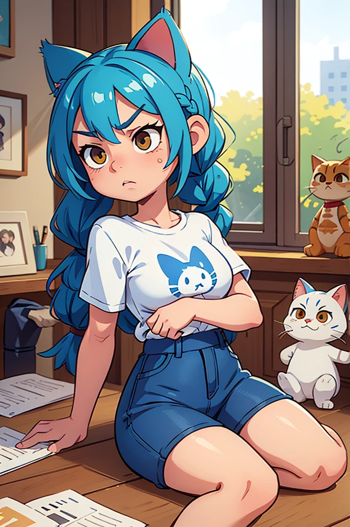 1 female, small kid cat girl, realistic lips oversized white t-shirt going all the way to the thighs, arms crossed propping up breast, hourglass figure, white eyes, french braid, blue hair, annoyed, cat ears, in an apartment, best quality