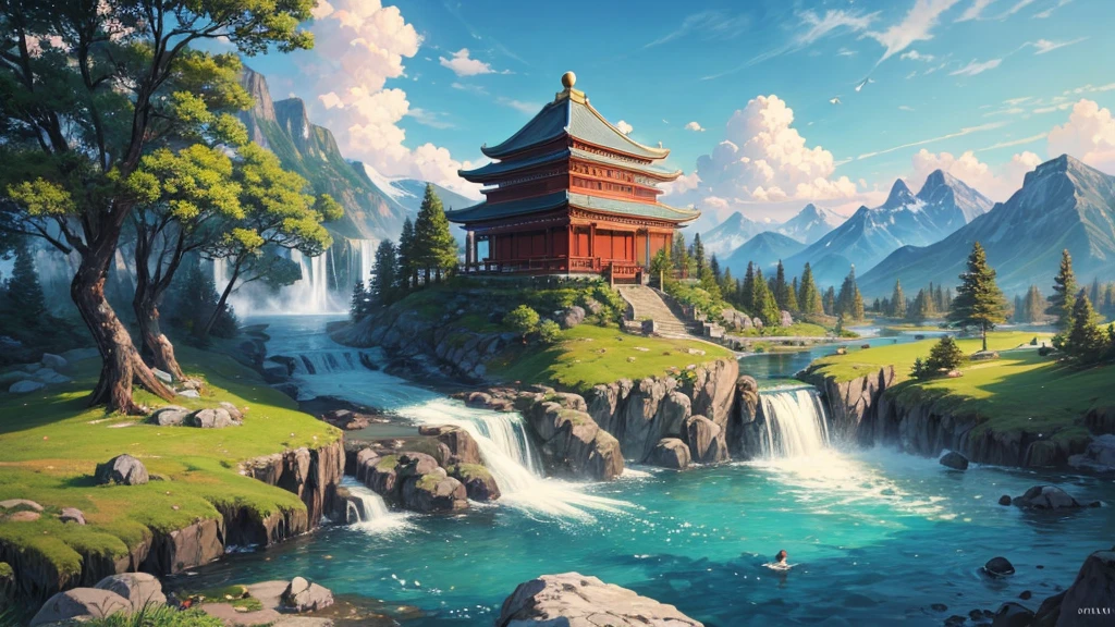 The painting depicts a traditional East Asian landscape with soaring rocky mountains studded with trees, The waterfall falls into the river flowing over the curved bridge, and many fall-colored trees at the foot of the mountain. In the sky there were two white birds flying and on the top of the mountain there was a small temple. The sky is painted gently to create the feeling of fog or clouds. The upper right corner of the picture has Chinese characters, could be the artist's signature or a poem related to the work.