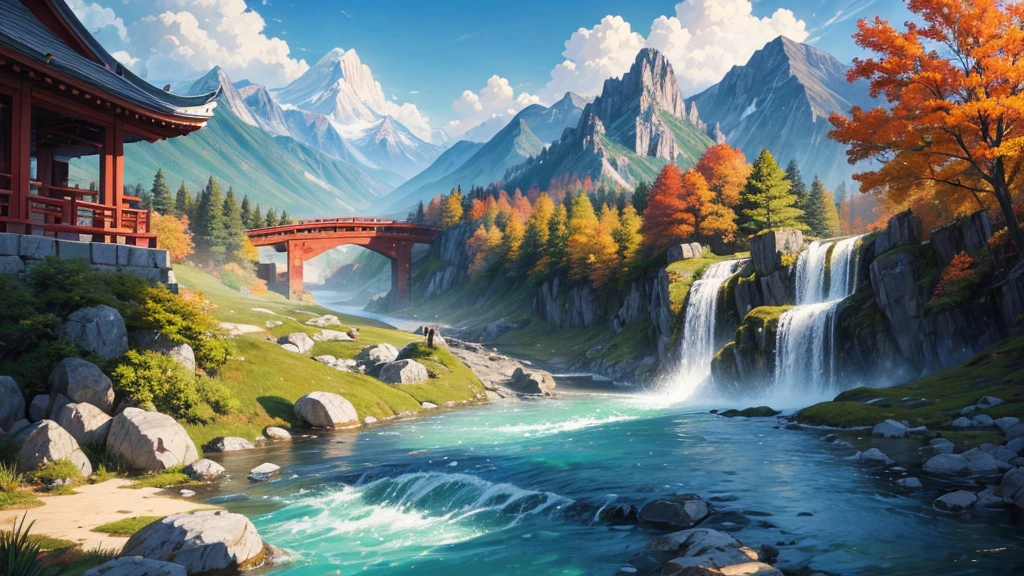 The painting depicts a traditional East Asian landscape with soaring rocky mountains studded with trees, The waterfall falls into the river flowing over the curved bridge, and many fall-colored trees at the foot of the mountain. In the sky there were two white birds flying and on the top of the mountain there was a small temple. The sky is painted gently to create the feeling of fog or clouds. The upper right corner of the picture has Chinese characters, could be the artist&#39;s signature or a poem related to the work.