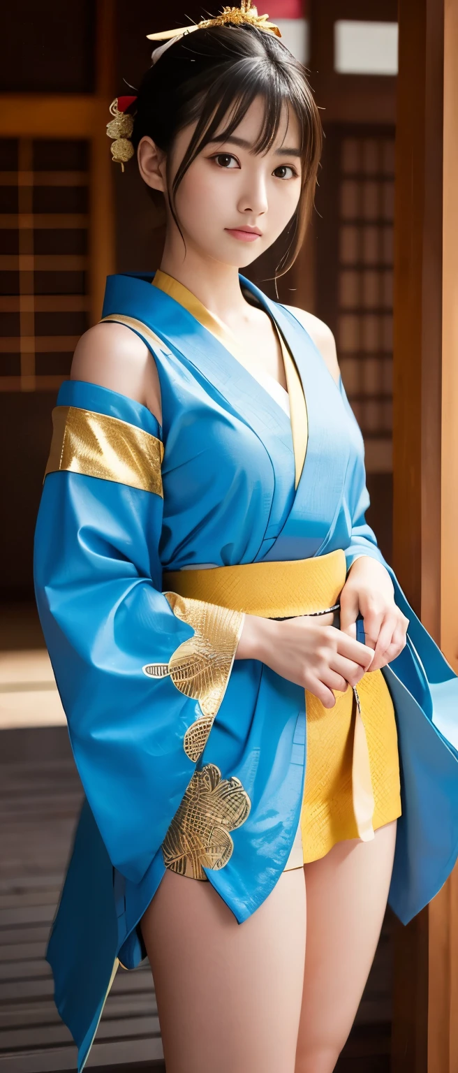 Tall and cute samurai girl、whole body、Good style、、、、、、、、、、Tanned thick legs、、Blue and gold flame armor kimono(Polka Dot Spear)、Neat and clean idol face、Glowing、