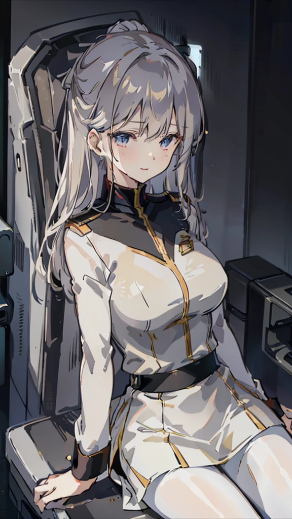 (((Highest quality、first class、masterpiece、Normal body、8k、Detailed face、Ultra-precision、normal hand、Normal refer to、5refer to、Highest)))、Eternal Frail、Silver Hair、Long Hair、slender、Small breasts、Lady、kind、clear、pure、A blue suit that reveals a cleavage、Navy blue shorts、"SDGundamGジェネレーション"、Gundam、Gundamを操縦している、Gundamパイロット、Mobile Suit Pilot、Mobile Suit Cockpit、Sit in the cockpit、Seat belt across the chest、Grip the control stick、Surround monitor、All-day monitor、View Monitor、universe空間、universe、Fast Combat、High-speed maneuver