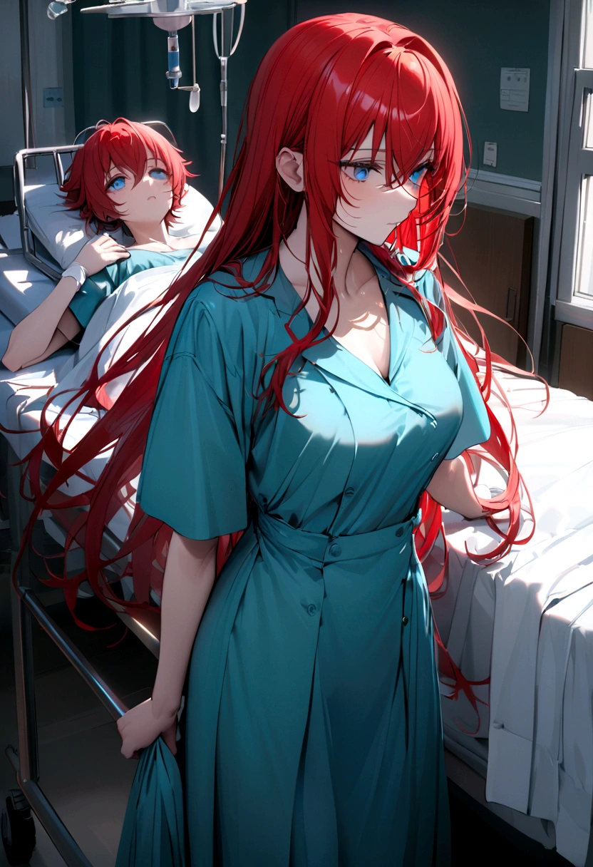 Rias Gremory blue eyes red hair wearing surgeon's clothes and in a hospital