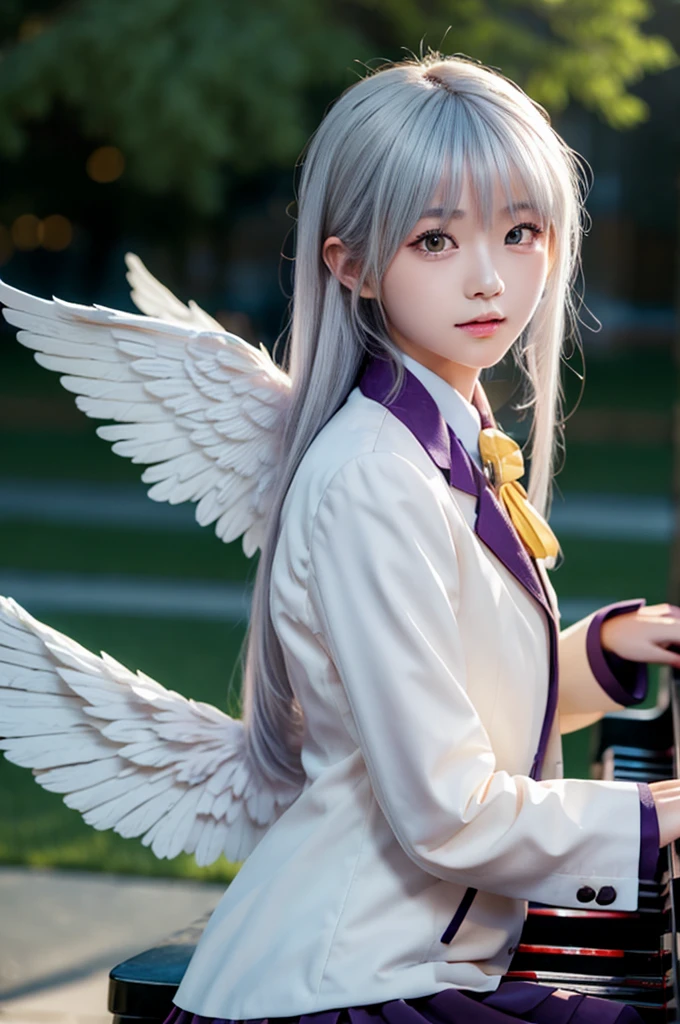 (Highest quality、4K、8K, masterpiece:1.3), Ultra detailed face, Detailed lips, Detailed eyes, double eyelid, 
BREAK, 
(extreme  close up:1.5), (from frontside:1.25),
BREAK,
1girl, 18 years old, short height, tachibana kanade, silver hair, short height, 
BREAK
(yellow eyes), white hair, long hair, bangs, hair pulled back,
BREAK,
looking at viewer, ((playing piano)),
photo background, photo inset, dusk, outdoors, spring, wind, falling petals, sunlight, skyline, 
BREAK
schooluniform, jacket, blazer, long sleeves, neck ribbon, gem, necklace, pleated skirt, kneehighs, loafers,
(((Angel wings spread wide on the back))),
