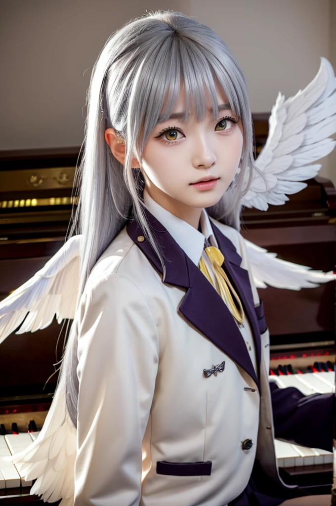 (Highest quality、4K、8K, masterpiece:1.3), Ultra detailed face, Detailed lips, Detailed eyes, double eyelid, 
BREAK, 
(extreme  close up:1.5), (from frontside:1.25),
BREAK,
1girl, 18 years old, short height, tachibana kanade, silver hair, short height, 
BREAK
(yellow eyes), white hair, long hair, bangs, hair pulled back,
BREAK,
looking at viewer, ((playing piano)),
photo background, photo inset, dusk, outdoors, spring, wind, falling petals, sunlight, skyline, 
BREAK
schooluniform, jacket, blazer, long sleeves, neck ribbon, gem, necklace, pleated skirt, kneehighs, loafers,
(((Angel wings spread wide on the back))),
