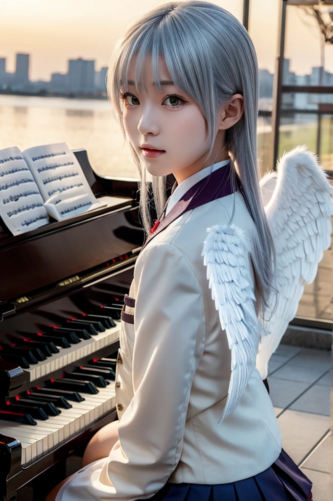 (Highest quality、4K、8K, masterpiece:1.3), Ultra detailed face, Detailed lips, Detailed eyes, double eyelid, 
BREAK, 
(extreme  close up:1.5), (from frontside:1.25),
BREAK,
1girl, 18 years old, short height, tachibana kanade, silver hair, short height, 
BREAK
(yellow eyes), white hair, long hair, bangs, hair pulled back,
BREAK,
looking at viewer, ((playing piano)),
photo background, photo inset, dusk, outdoors, spring, wind, falling petals, sunlight, skyline, 
BREAK
schooluniform, jacket, blazer, long sleeves, neck ribbon, gem, necklace, pleated skirt, kneehighs, loafers,
(((Angel wings spread wide on the back))),
