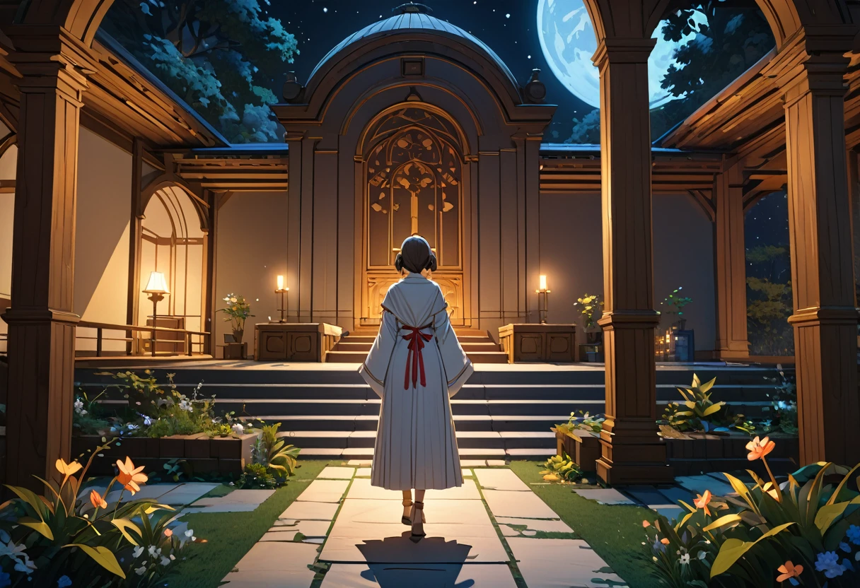 (((zoom out))),8k,((Highest quality)),((high-res)),((shot from behind)),night,She stands in a sanctuary,outside,clear air,thank you!
