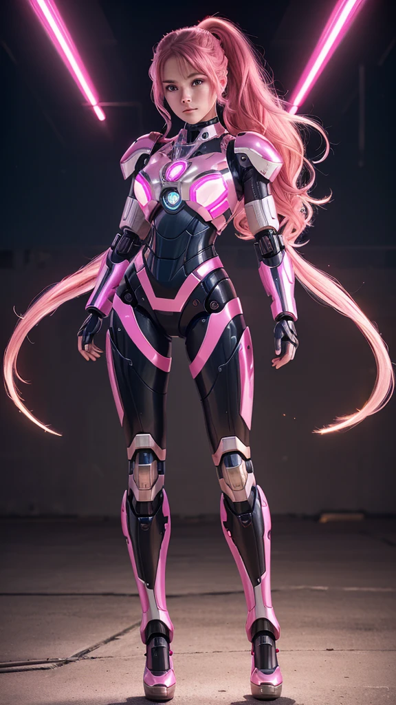Best quality, masterpiece, awards winning photograph,  robot girl, full makeups, pink wavy hair, hair blown by the winds, ponytail, glowing pink eyes, mechanical armor, ex Machina, ((luminous mecha armor)), android girl, perfect face, ((full body portrait)), epict lights details, symmetrical pose.