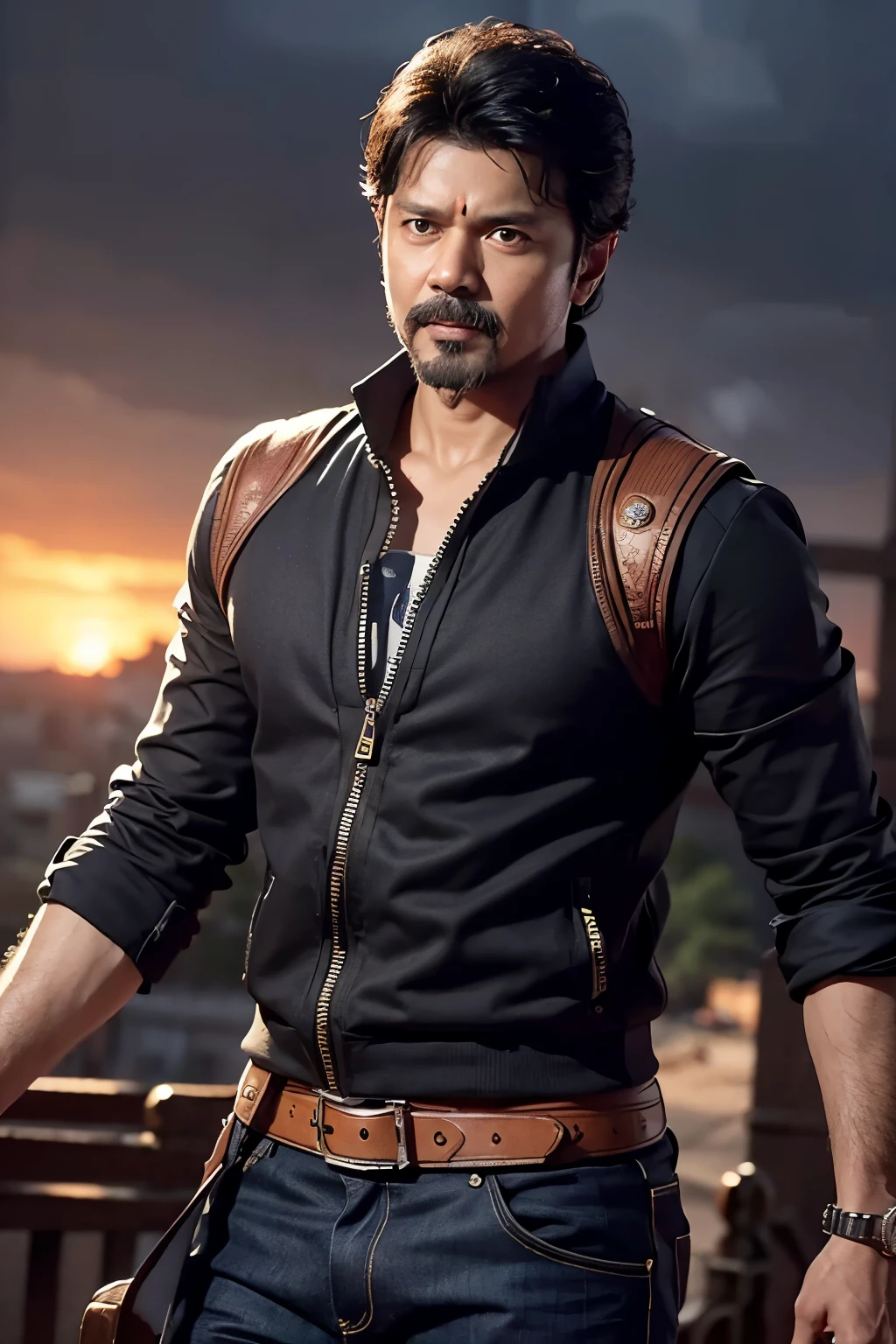 Thalapathy vijay as village gangster in middle age look, detailed cg and face.
