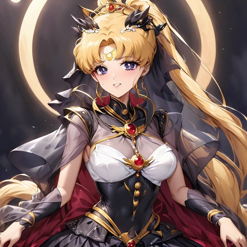 ((Highest quality)), ((masterpiece)), (detailed), (Perfect Face)、Black moon mark on forehead、The woman is Black Serenity, the noble dark queen of the Black Moon clan and has blonde hair.2A woman with long hair tied up in a ponytail is Princess Serenity, sitting on a luxurious throne.、The woman has a black inverted crescent moon mark on her forehead, a gorgeous, glittering long lolita gothic Victorian dress with a black veil and a black see-through cape, and is wearing luxurious jeweled accessories. She is the queen of darkness, the jet-black Princess Serenity, looking at the camera with a happy expression, and has the expression of a maiden in love.