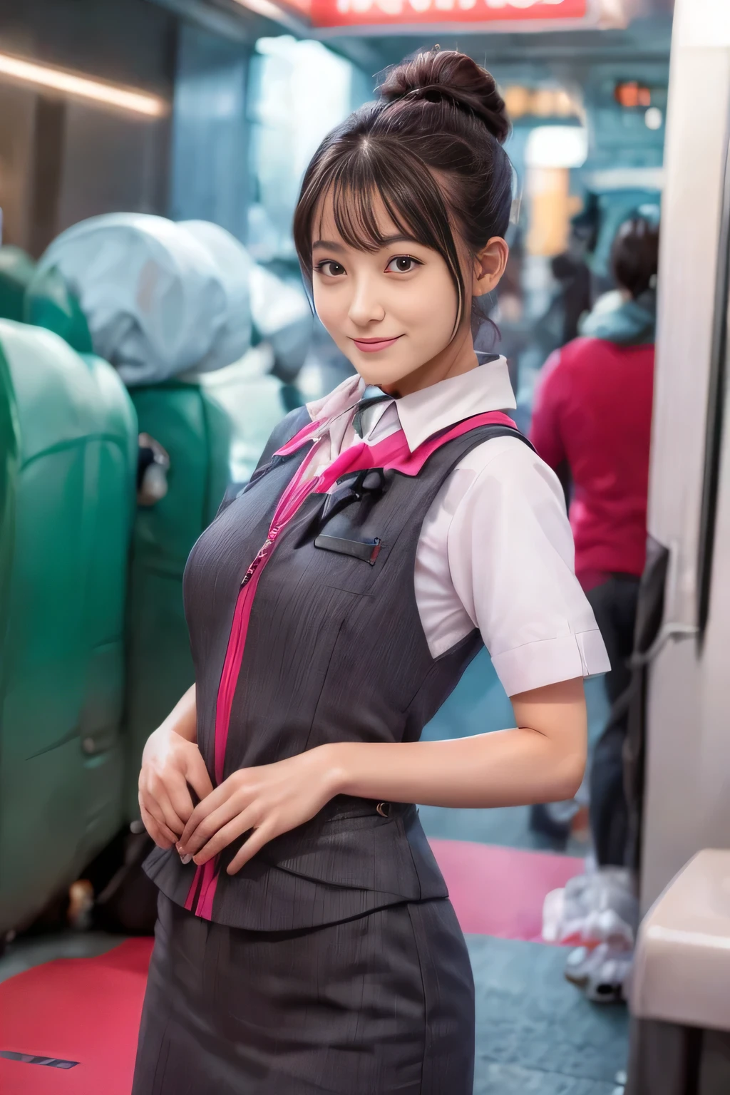 (masterpiece:1.2, Highest quality:1.2), 32k HDR, High resolution, (alone、One girl)、（At the station platform、Professional Lighting）、Empty train station platform background、（Realistic style of JR Gran Class crew uniform）、Short sleeve blouse、a scarf around the neck、（JR Gran Class flight attendant uniform with pink parts on the skirt sleeves）、（The uniform of a flight attendant in JR Gran Class has a pink line on the front zipper of the vest.）、Dark brown hair、（Chignon、Hair tied up）、Dark brown hair、Long Shot、Big Breasts、（（Great hands：2.0）），（（Harmonious body proportions：1.5）），（（Normal limbs：2.0）），（（Normal finger：2.0）），（（Delicate eyes：2.0）），（（Normal eyes：2.0））)、Big Breasts、Luxury Necklace、smile、Beautiful standing posture,Place your hands around your stomach