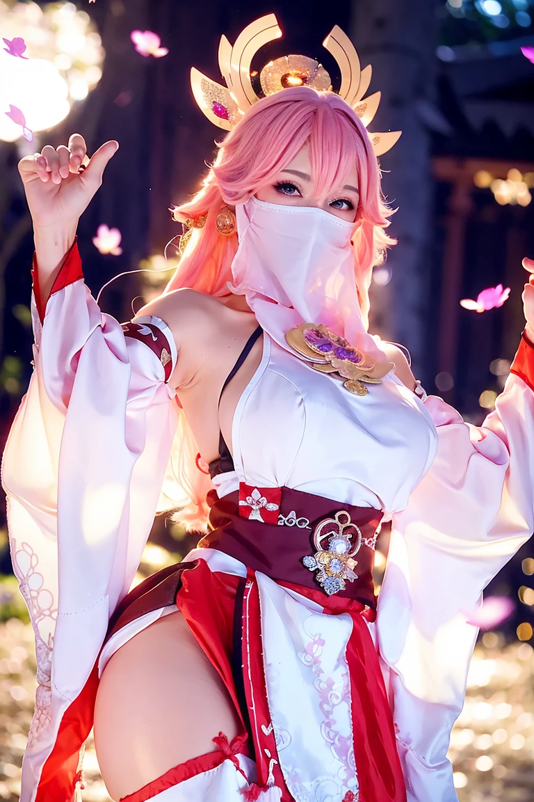 (Extreme Detail CG Unity 8K wallpaper, masterpiece, highest quality), (ulzzang-6500-v1.1:0.4) 1girl, kpop idol, yae miko, detached sleeves, pink hair, long hair, best quality, (photorealistic:1.2), (hair ornament:1.35), jewelry, fox ears, wearing face veil, (white face veil, silk mask veil:1.2), purple eyes, earrings, (very huge round breasts, big breasts: 1.2), torii, cherry blossoms, lantern light, depth of field, detailed face, face focus, (looking at viewer:1.25), shiny skin, long sleeves, cowboy shot, dynamic pose, (perfect proportions, elegant posture, sexypose:1.3), game cg, thigh highs, east asian architecture, blurry background, full body, focused expression, outdoor shrine setting, fantasy style,