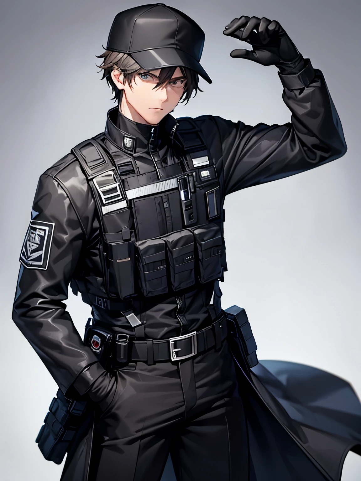 (check_9, check_8_up), check_7_up, zPDXL, Dark_technical clothing, male focus, One, shirt, gloves, long sleeves, 1 boy, baseball cap, black mask, male focus, black gloves, belt, trousers, coat, bulletproof vest, arm up, black shirt, muscular, black trousers, Black background, simple background,