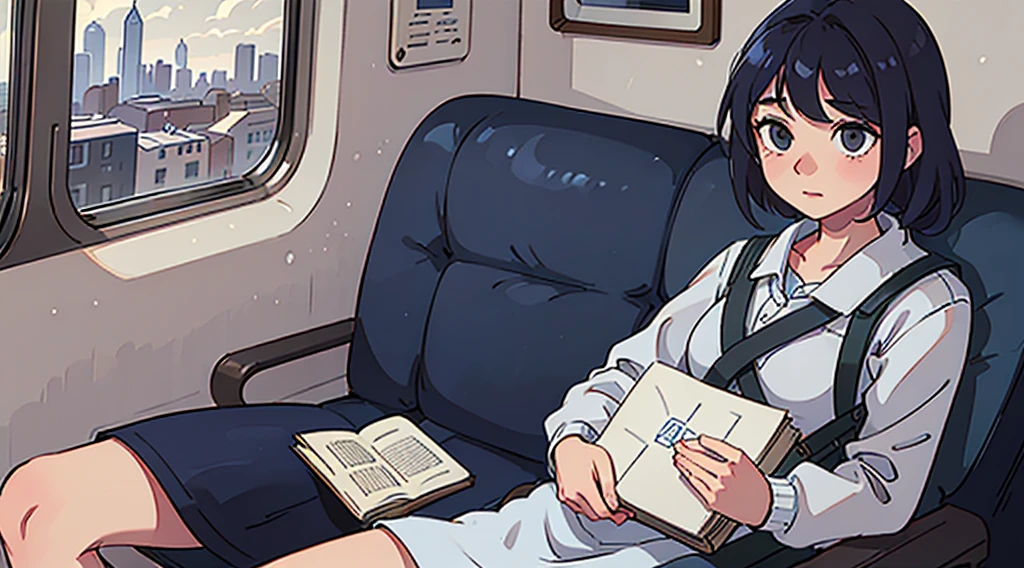 A young girl sits alone on a blue train, gripping a white book. The train's interior is bathed in a cool blue hue, with light wooden flooring and a large window revealing a cityscape outside. The girl's expression is one of deep concentration, as if she's lost in the pages of the book. She's wearing a blue sweater and a white skirt, with a beige backpack next to her on the bench. The window shows a city skyline, with the top of a tall building just visible. The weather outside appears to be sunny, with a few clouds scattered across the sky.