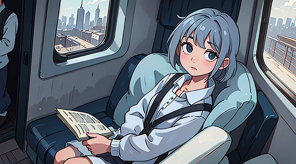 A young girl sits alone on a blue train, gripping a white book. The train's interior is bathed in a cool blue hue, with light wooden flooring and a large window revealing a cityscape outside. The girl's expression is one of deep concentration, as if she's lost in the pages of the book. She's wearing a blue sweater and a white skirt, with a beige backpack next to her on the bench. The window shows a city skyline, with the top of a tall building just visible. The weather outside appears to be sunny, with a few clouds scattered across the sky.