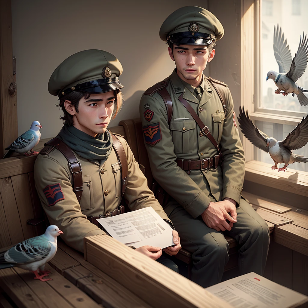 A guy at war received a letter with carrier pigeons and rejoices,doesn't pay attention to what, bullets are flying around, a shell explodes nearby.