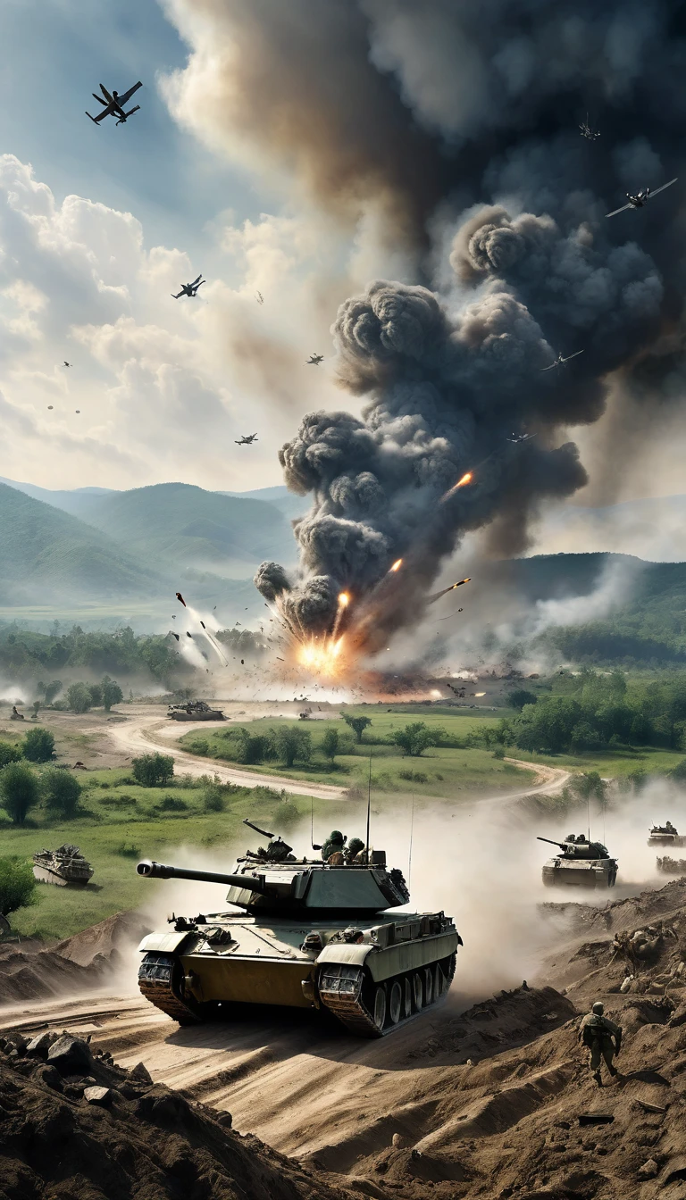 

"On a vast and tumultuous battlefield, Dozens of soldiers are involved in intense combat. Dressed in worn-out military uniforms, They advance through trenches and fields full of debris. High above, war planes cross the sky, leaving smoke trails as they carry out airstrikes. in floor, war tanks advance with their powerful turrets rotating, shooting at enemy lines. Explosions light up the scene, raising clouds of dust and debris. Ao fundo, the landscape is dominated by hills and forests, partially destroyed by crossfire. The atmosphere is one of chaos and heroism, with every soldier fighting bravely amidst the ravages of war."


