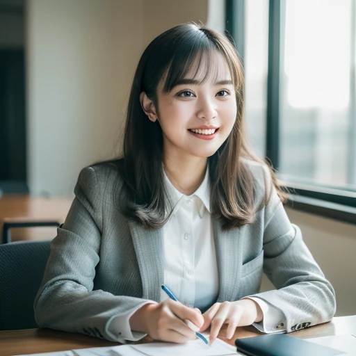 Highest quality, masterpiece, (Realistic:1.4), Super detailed, RAW Photos, One Girl, alone, Laughter, Wearing a suit, Portraiture, whole body, The whole body is shown,Meeting room background, Natural soft light, Bokeh Depth of Field,The window overlooks the park.,Working with a laptop,Speaking with a microphone
