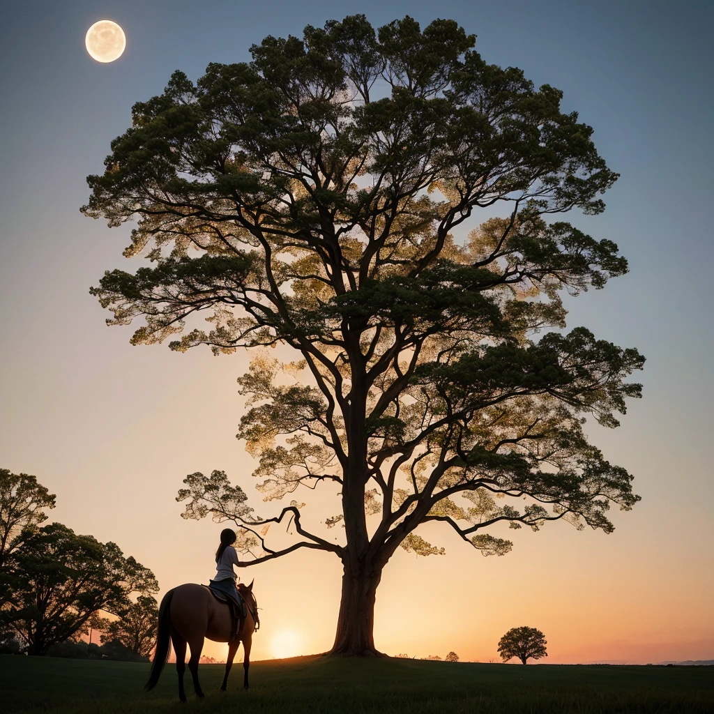 field,night,moon,one big tree with roots, Girl on horseback,