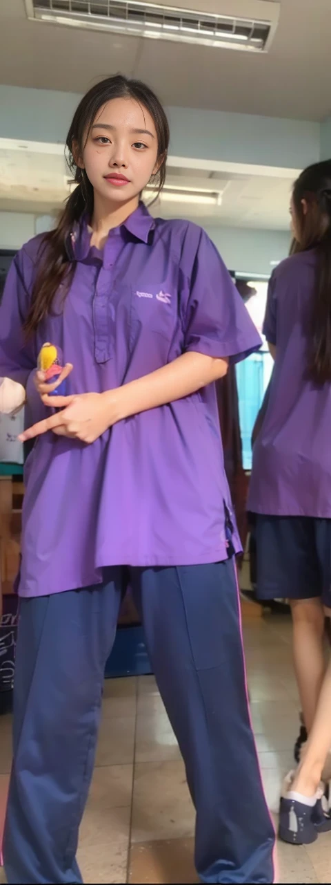 Songkran, wet street , A very realistic girl, wetโชก, drop, wet clothes, wet skin, wet hair, 8k, Masterpiece, realistic, beautiful,purple efficiency,Navy trousers,wet:1.5,dirty white powder