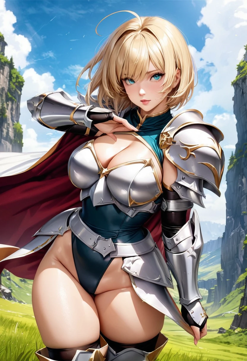 ((highest quality)), ((masterpiece)), ((hyperrealistic)), (detailed background), solo, 1girl, ((curvy: 1.2)), kawaii, ((armor dress: 1.3)), Blonde short hair, Ahoge, (knight armor), ((leotard bodysuit)), ((large breasts)), ((arm guard gauntlet)), (breastplate), belt waist armor, ((zettai ryouiki knee socks boots)), (big butt), (cleavage cutout), (Groin), (thighs), perfect cloak, beautiful aqua eyes, perfect face, Perfect hands, perfect fingers, Blue sky and grassland,