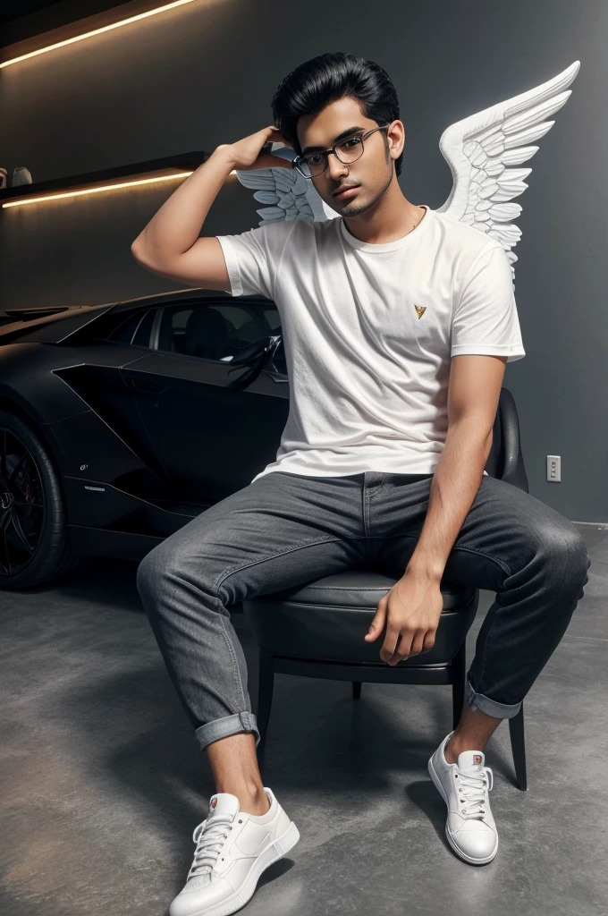 Create a 3D illusion for a profile picture where a 25 Year old cute boy in a white shirt Sitting casually on a Wingback Lamborghini. Wearing sneakers, glasses, he looks ahead. The background features “SHIVAM” in big and capital Orange neon light fonts on the dark grey wall. There should not be his shadow, and there are wings to make it appear as if he is an angel