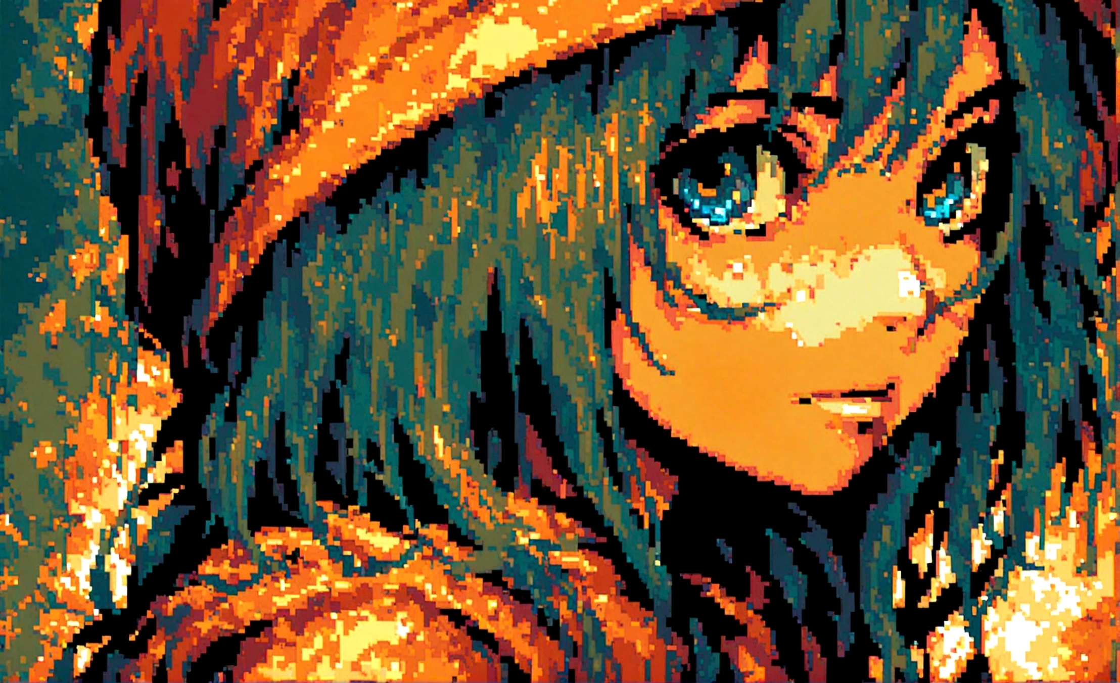 Portrait of pretty 2d, pixel art, facefocus, her hair is red, redheadwear