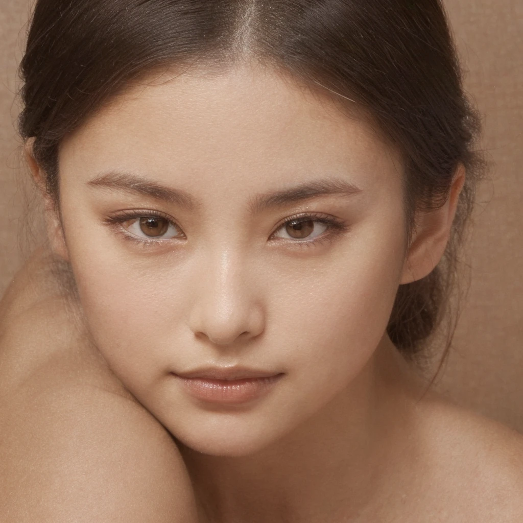 A young 19-year-old woman with a mixed japanese and french heritage. She has thick dark black eyeliner and glossy lips. The image is a casting shot, showcasing her face clearly with a neutral or slight smile expression. She has straight, dark brown hair that falls just past her shoulders. Her eyes are almond-shaped, and her skin has a light to medium tone with a natural, fresh look. She is wearing a simple, professional outfit suitable for a casting, and the background is a neutral studio setting with soft lighting to highlight her features.