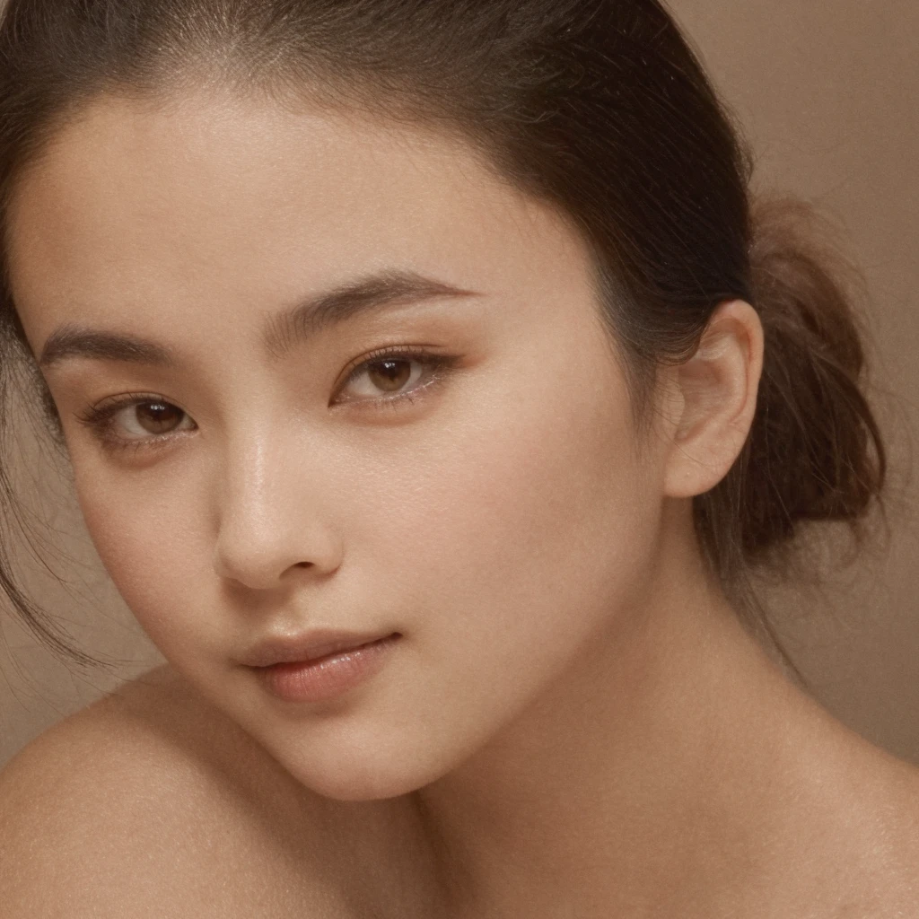 A young 19-year-old woman with a mixed japanese and french heritage. She has thick dark black eyeliner and glossy lips. The image is a casting shot, showcasing her face clearly with a neutral or slight smile expression. She has straight, dark brown hair that falls just past her shoulders. Her eyes are almond-shaped, and her skin has a light to medium tone with a natural, fresh look. She is wearing a simple, professional outfit suitable for a casting, and the background is a neutral studio setting with soft lighting to highlight her features.
