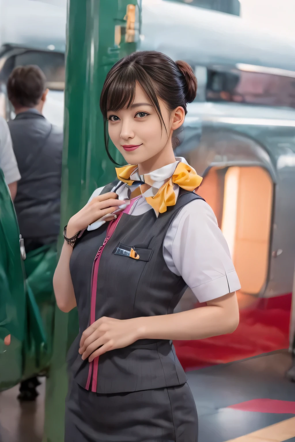 (masterpiece:1.2, Highest quality:1.2), 32k HDR, High resolution, (alone、One girl)、(At the station platform、Professional Lighting)、Empty train station platform background、(Realistic style of JR Gran Class crew uniform)、Short sleeve blouse、a scarf around the neck、(JR Gran Class flight attendant uniform with pink parts on the skirt sleeves)、(The uniform of a flight attendant in JR Gran Class has a pink line on the front zipper of the vest.)、Dark brown hair、(Chignon、Hair tied up)、Dark brown hair、Long Shot、Big Breasts、((Great hands:2.0)),((Harmonious body proportions:1.5)),((Normal limbs:2.0)),((Normal finger:2.0)),((Delicate eyes:2.0)),((Normal eyes:2.0)))、Big Breasts、Luxury Necklace、smile、Beautiful standing posture,Place your hands around your stomach