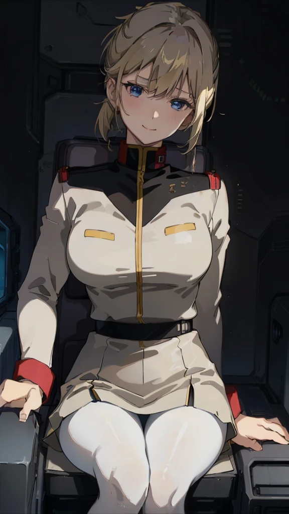 masterpiece, best quality, High resolution, Calm 1, 1 girl, alone, (Black_pantyhose:1.1), army uniform, army, cosmetics, White shirt,  White Skirt, tight skirt, sitting, Upper Body, cockpit, space, Smile，Large Breasts，Sexy