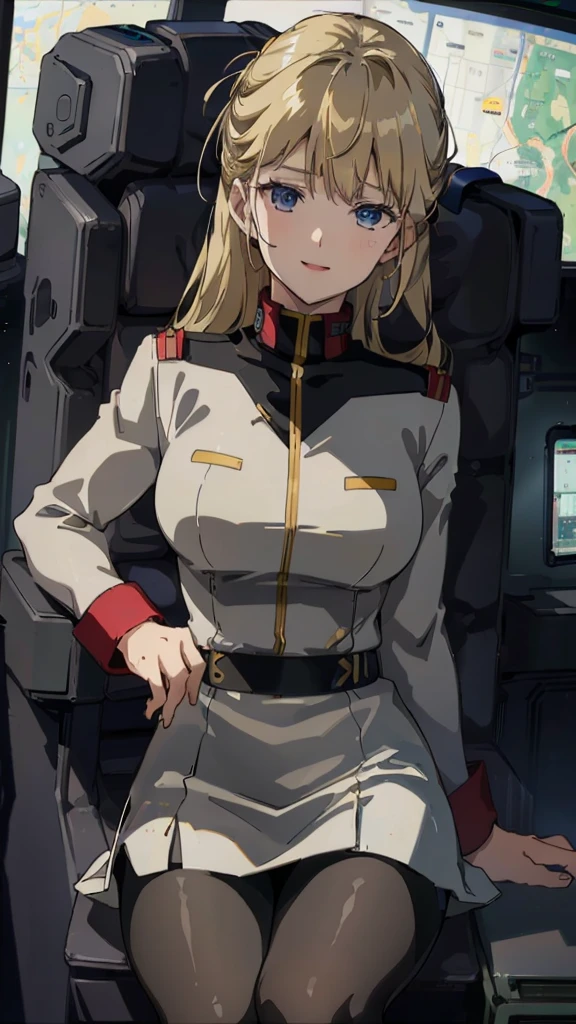 masterpiece, best quality, High resolution, Calm 1, 1 girl, alone, (Black_pantyhose:1.1), army uniform, army, cosmetics, White shirt, White Skirt, tight skirt, sitting, Upper Body, cockpit, space, Smile,Large Breasts,Sexy