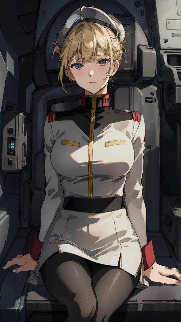 masterpiece, best quality, High resolution, Calm 1, 1 girl, alone, (Black_pantyhose:1.1), army uniform, army, cosmetics, White shirt,  White Skirt, tight skirt, sitting, Upper Body, cockpit, space, Smile，Large Breasts，Sexy