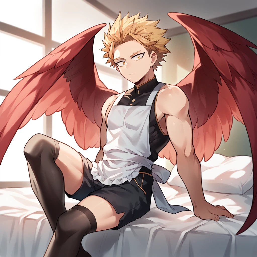 only, boy blonde hair slicked back, with some front locks, gold eyes, red wings on his back, delicate, With curves, clothing dark sleeveless shirt, white kitchen apron, shorts crema, long dark thigh high stockings, sitting on a bed, Boku no hero academia, Hawks 