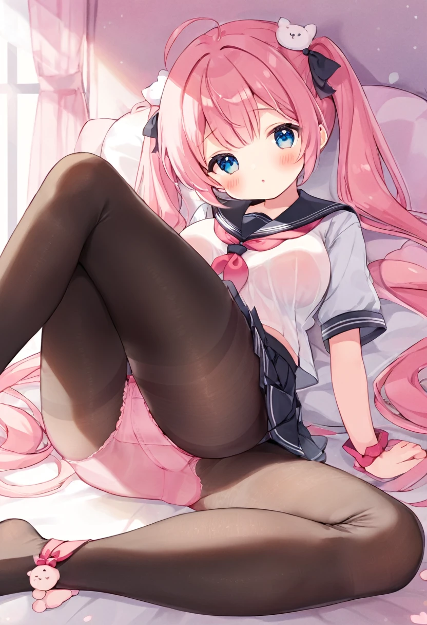 black pantyhose,,sailor,skirt,cute,lying,,pink hair,twintails,,shy,medium breasts,panties under pantyhose