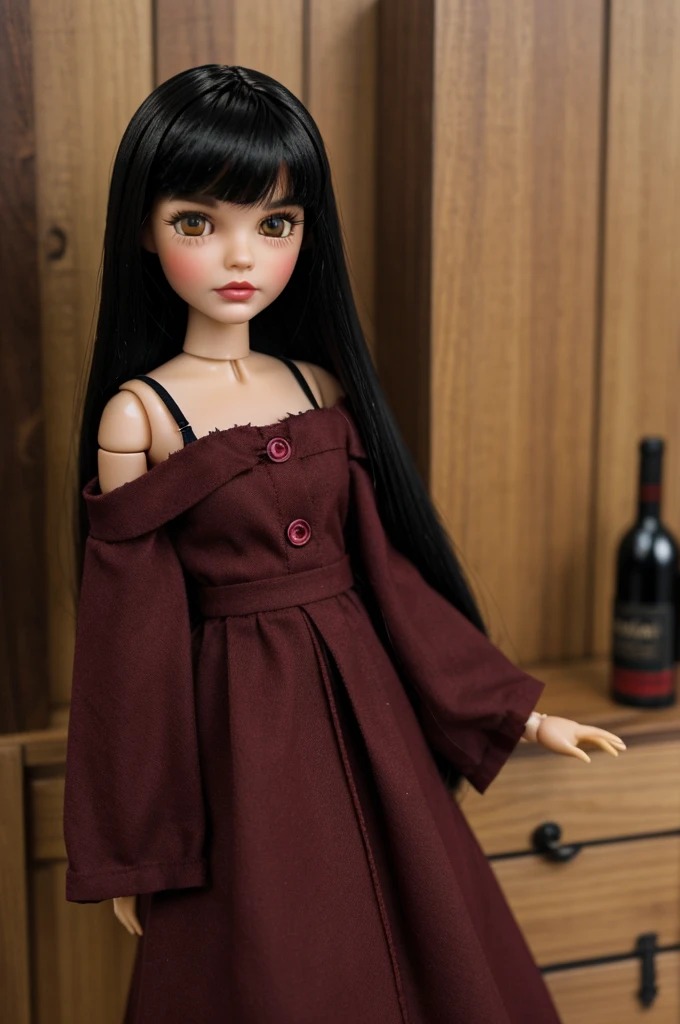 A single Blythe doll with black hair that reaches below the shoulders, not too long or short,  His eyebrows are a little thick and have a straight shape. The lips are big wine red, with separate wrist tabs, black and long, with 1 head and it is a doll, with black clothes
