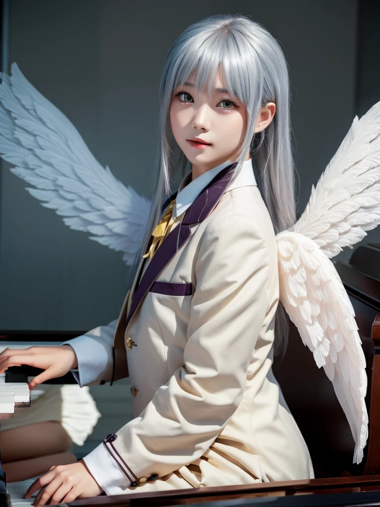 (Highest quality、4K、8K, masterpiece:1.3), Ultra detailed face, Detailed lips, Detailed eyes, double eyelid, 
BREAK, 
(extreme  close up:1.5), (from frontside:1.25),
BREAK,
1girl, 18 years old, short height, tachibana kanade, silver hair, short height, 
BREAK
(yellow eyes), white hair, long hair, bangs, hair pulled back,
BREAK,
looking at viewer, ((playing piano)),
photo background, photo inset, dusk, outdoors, spring, wind, falling petals, sunlight, skyline, 
BREAK
schooluniform, jacket, blazer, long sleeves, neck ribbon, gem, necklace, pleated skirt, kneehighs, loafers,
(((Angel wings spread wide on the back))),
