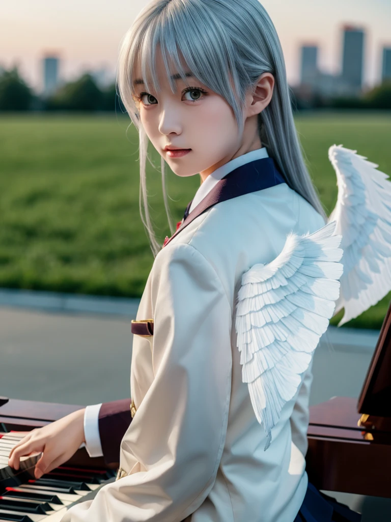 (Highest quality、4K、8K, masterpiece:1.3), Ultra detailed face, Detailed lips, Detailed eyes, double eyelid, 
BREAK, 
(extreme  close up:1.5), (from frontside:1.25),
BREAK,
1girl, 18 years old, short height, tachibana kanade, silver hair, short height, 
BREAK
(yellow eyes), white hair, long hair, bangs, hair pulled back,
BREAK,
looking at viewer, ((playing piano)),
photo background, photo inset, dusk, outdoors, spring, wind, falling petals, sunlight, skyline, 
BREAK
schooluniform, jacket, blazer, long sleeves, neck ribbon, gem, necklace, pleated skirt, kneehighs, loafers,
(((Angel wings spread wide on the back))),
