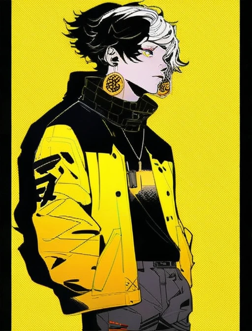 Cyberpunk,hyperrealistic, 1 boy with black and white hair,Profile,yellow background, yellow eyes