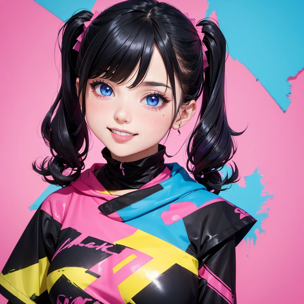 absurderes, ultra-detailliert,bright colour,(in 8K:1.3),masuter piece,extremely beautiful detailed face and eyes, 25 years old,(Smooth straight black hair), (Shiny medium pigtails hair),(Pattsun bangs), (Deep blue eyes) Delicate beautiful face, red blush, (wearing messy pink and blue and violet colors outfit) Nice Spot, pink background with a lot of messy paint, tongue out while smiling.