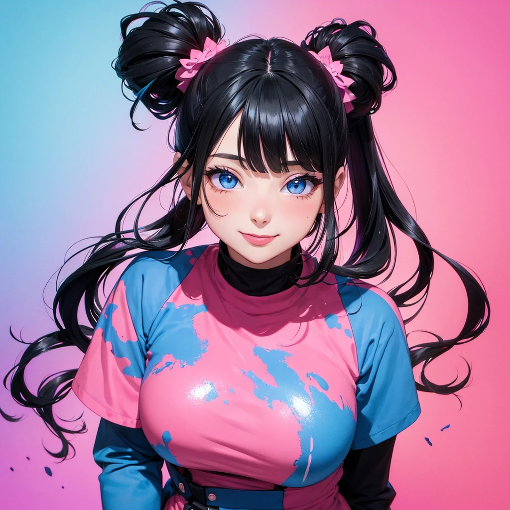 absurderes, ultra-detailliert,bright colour,(in 8K:1.3),masuter piece,extremely beautiful detailed face and eyes, 25 years old,(Smooth straight black hair), (Shiny medium pigtails hair),(Pattsun bangs), (Deep blue eyes) Delicate beautiful face, red blush, (wearing messy pink and blue and violet colors outfit) Nice Spot, pink background with a lot of messy paint, tongue out while smiling.