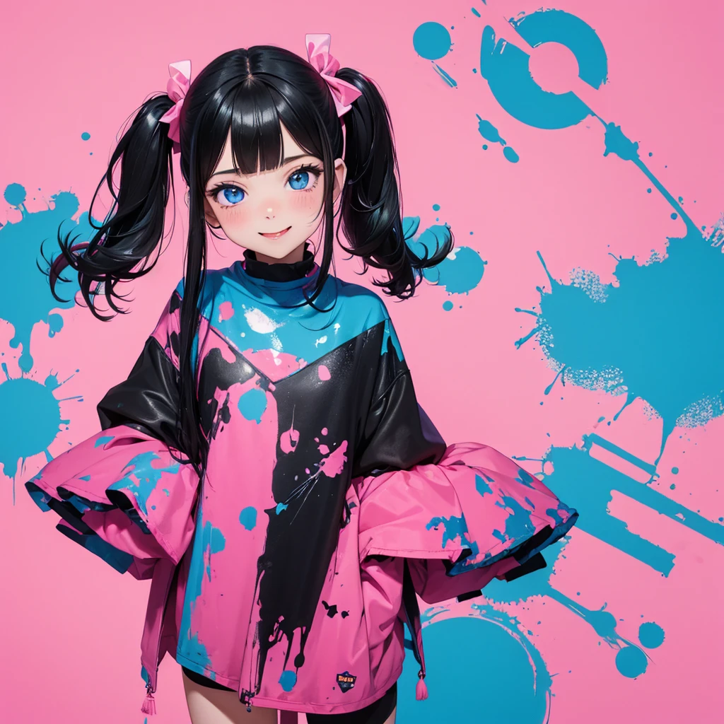 absurderes, ultra-detailliert,bright colour,(in 8K:1.3),masuter piece,extremely beautiful detailed face and eyes, 25 years old,(Smooth straight black hair), (Shiny medium pigtails hair),(Pattsun bangs), (Deep blue eyes) Delicate beautiful face, red blush, (wearing messy pink and blue and violet colors outfit) Nice Spot, pink background with a lot of messy paint, tongue out while smiling.
