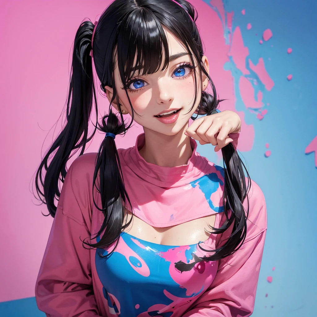 absurderes, ultra-detailliert,bright colour,(in 8K:1.3),masuter piece,extremely beautiful detailed face and eyes, 25 years old,(Smooth straight black hair), (Shiny medium pigtails hair),(Pattsun bangs), (Deep blue eyes) Delicate beautiful face, red blush, (wearing messy pink and blue and violet colors outfit) Nice Spot, pink background with a lot of messy paint, tongue out while smiling.