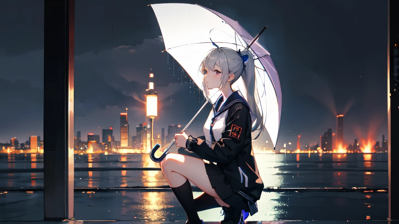 One girl, Sailor suit, ponytail ,Gray Hair, Purple eyes, magic circle, Blue Fire, Blue Flame, wallpaper, Rainy cityscape,Holding an umbrella , Umbrella,Depth of written boundary, night, Particles of light, light, Side Lighting, Open jacket, skirt, Knee socks, cloud,Cyberpunk style