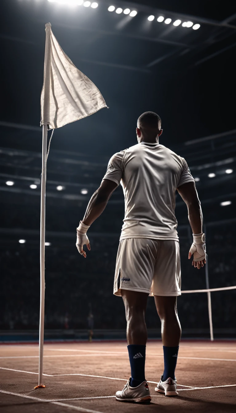 An athlete raising a white flag to signify defeat in a competitive sports match, background dark, hyper realistic, ultra detailed hyper realistic, photorealistic, Studio Lighting, reflections, dynamic pose, Cinematic, Color Grading, Photography, Shot on 50mm lens, Ultra-Wide Angle, Depth of Field, hyper-detailed, beautifully color, 8k, golden light from the front,