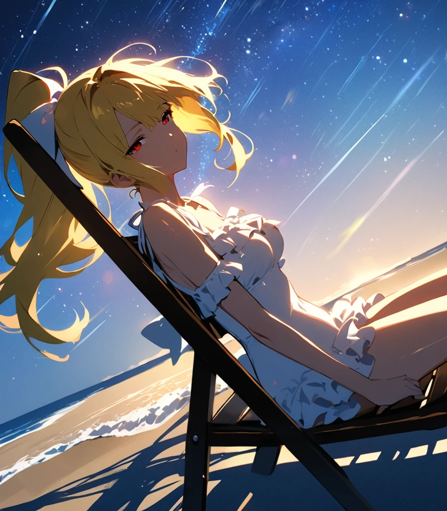 (masterpiece)、(absurdres)、(ultra detailed)、((solo lady)、(blonde hair:1.0)、(shiny red eyes:1.1)、(highponytail:0.9)、(a little red libbon:0.8)、(long hair:0.7)、((middle breast:0.8))、BREAK,Frills、White one-piece swimsuit、BREAK,Sandy and seaside beach、half-closed eyes,side view,Sit in a long chair、Starry Sky,looking up:0.9,looking away:1.1,fullbody shot,Wind、