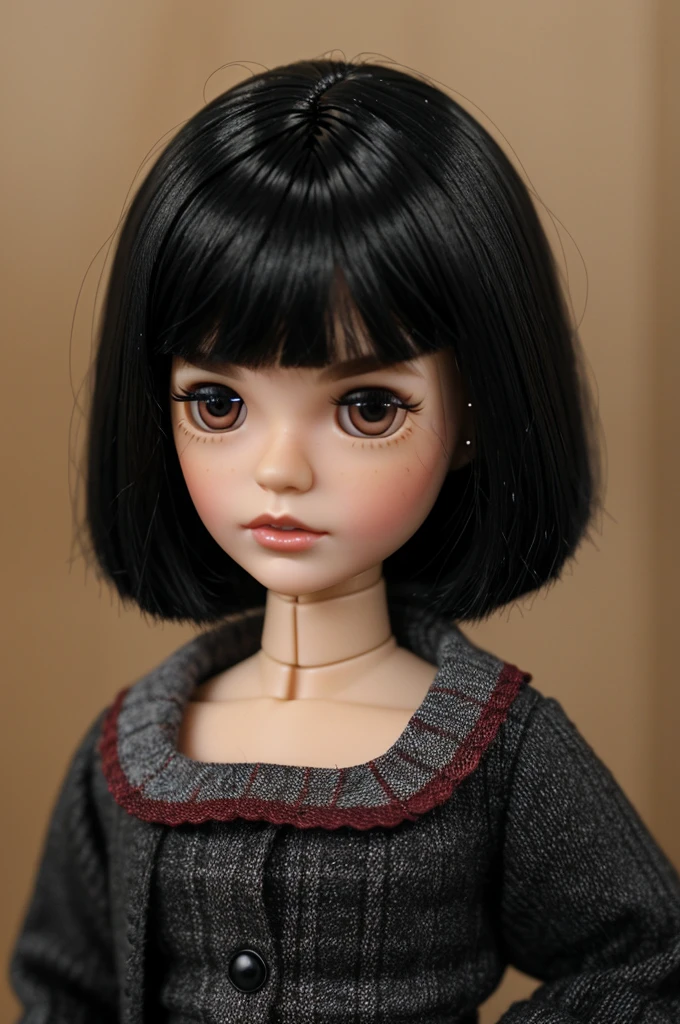 A single Blythe doll with black hair that reaches below the shoulders, not too long or short, without bangs His eyebrows are a little thick and have a straight shape. The lips are big wine red, with separate wrist tabs, black and long, with 1 head and it is a doll, with black clothes