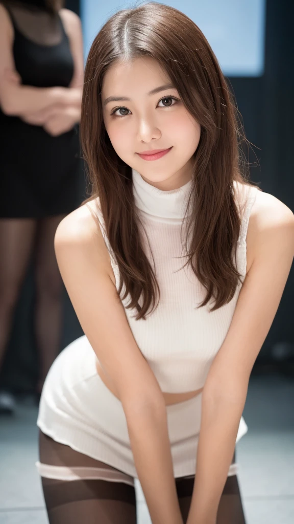 (masterpiece:1.5)、(Realistic:1.5)、(Highest quality:1.4、8K、RAW Photos)、 Ultra-high resolution、Professional Lighting、Perfect dynamic composition、Outdoor Shot、 Film Grain、chromatic aberration、(Bokeh:1.1)、 Frank、Sophisticated、charm、Surreal、High detail、Golden Ratio、 (1 Girl)、Slender girl、繊細でcharm女の子、Cute Woman:1.4、 Looking at the audience、Various poses、 Light brown hair、Shiny Hair、Hairstyle: ponytail、 Realistic looking skin、 shut up.、Beautiful Eyes、double eyelid、Thin arms、、 (Wearing a white ribbed turtleneck sleeveless dress:1.3), (Ultra-realistic pantyhose:1.3), (Skirt and thighs)、Happy smile、