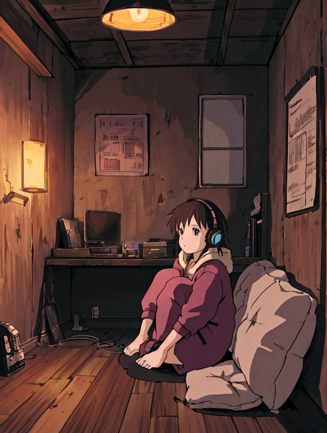 Girl sitting listening to music in a cozy room at night, Using headphones, 2D style anime, Lo-fi, hard disk, Dark environment